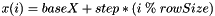 $ x(i) = baseX + step * (i\; \% \;rowSize) $